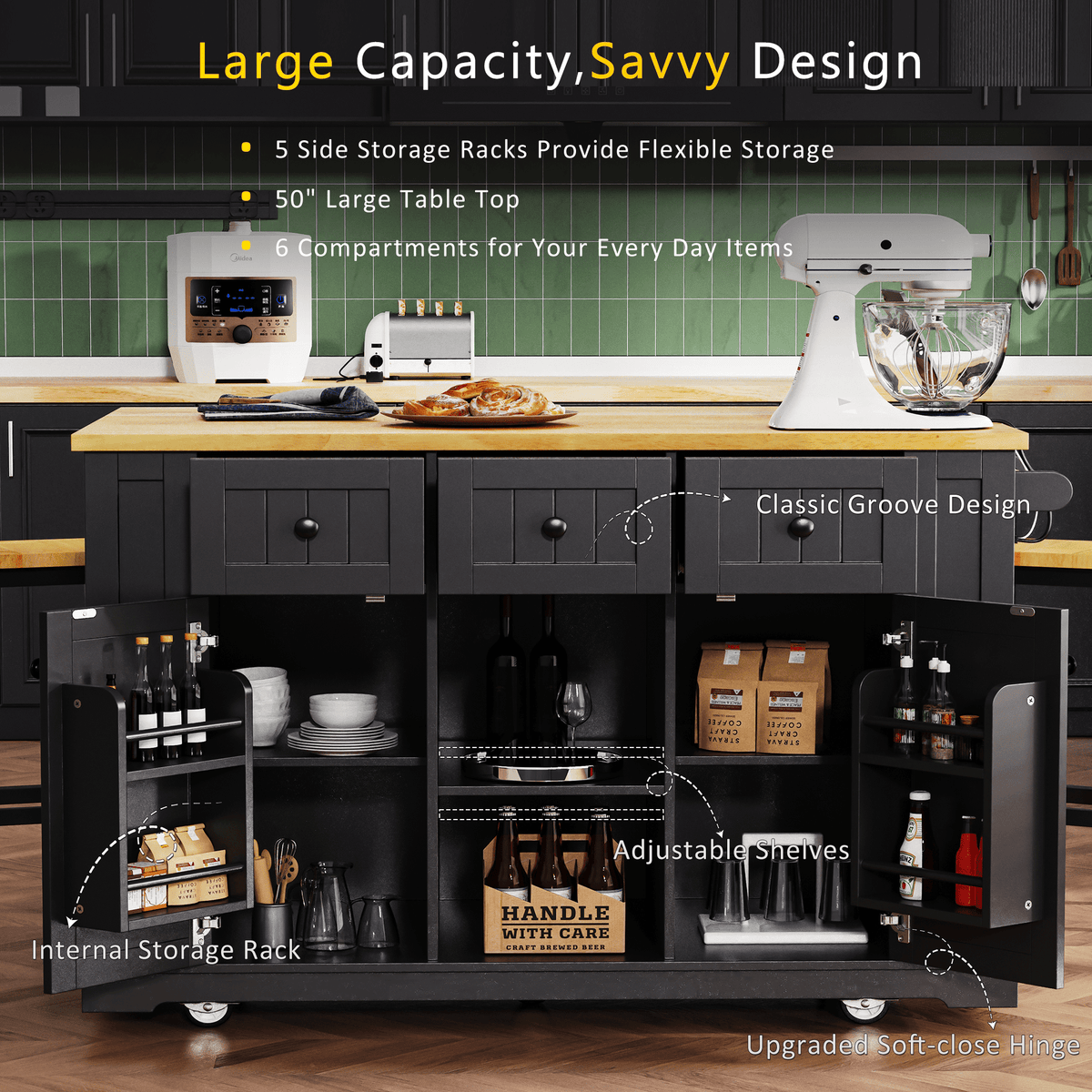 Matte black MDF kitchen island with power outlet and drop-leaf, 53-inch Studio Collection by Anthony & Home.