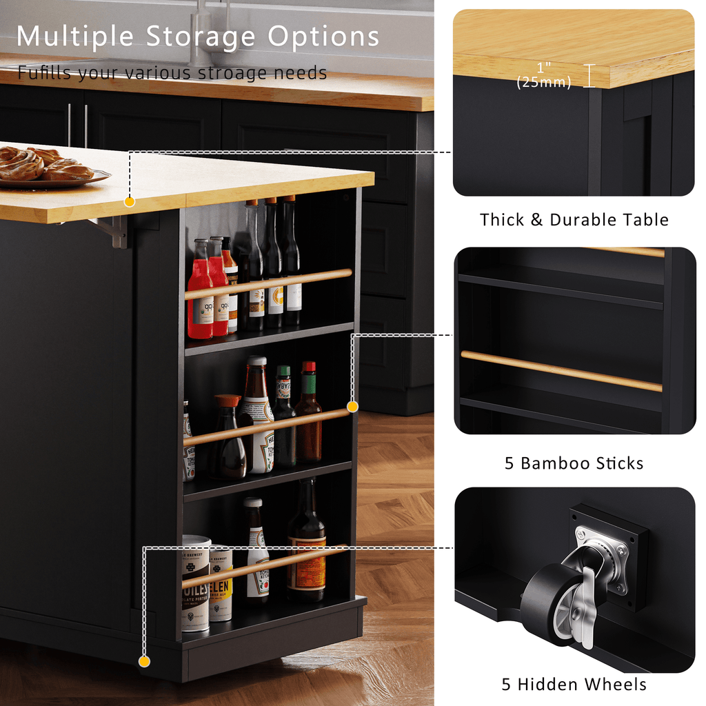 Matte black MDF kitchen island by Anthony & Home with 53-inch surface, power outlet, and drop-leaf in studio collection