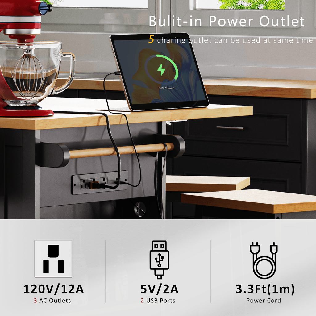Matte black MDF kitchen island with drop-leaf, 53-inch size, built-in power outlet, from Anthony & Home Studio Collection