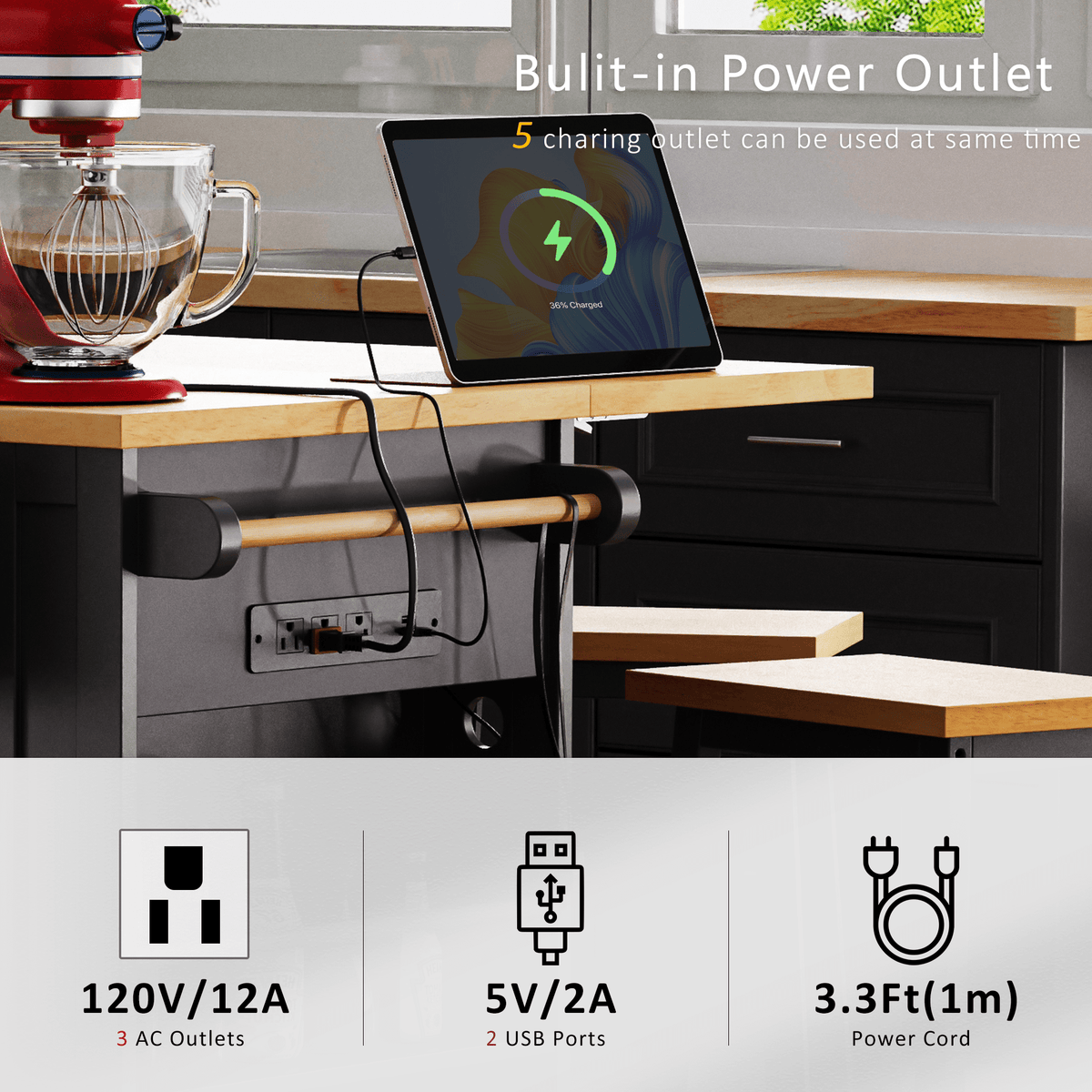 Matte black MDF kitchen island with drop-leaf, 53-inch size, built-in power outlet, from Anthony & Home Studio Collection