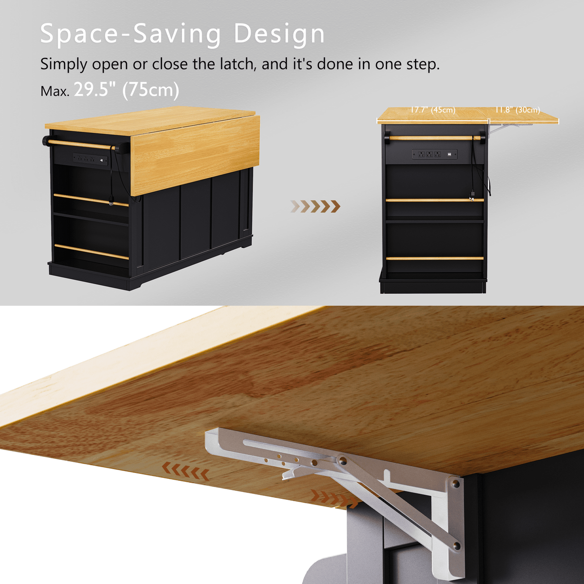 Matte black MDF kitchen island with power outlet and drop-leaf, 53-inch Studio Collection by Anthony & Home