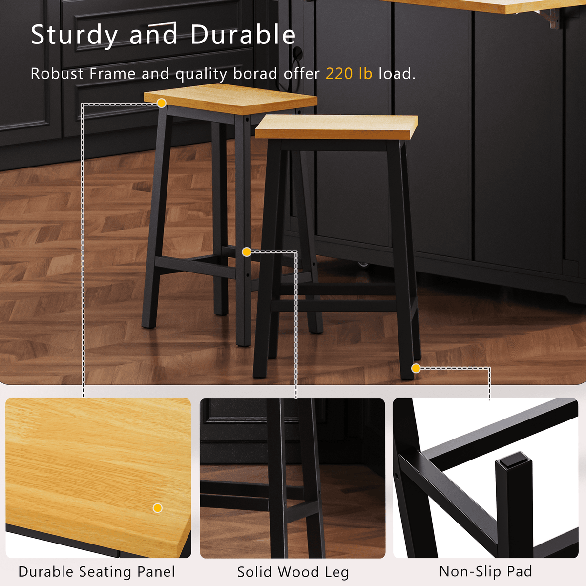 Matte black MDF kitchen island with 53-inch size, power outlet, and drop-leaf, part of Anthony & Home Studio Collection.