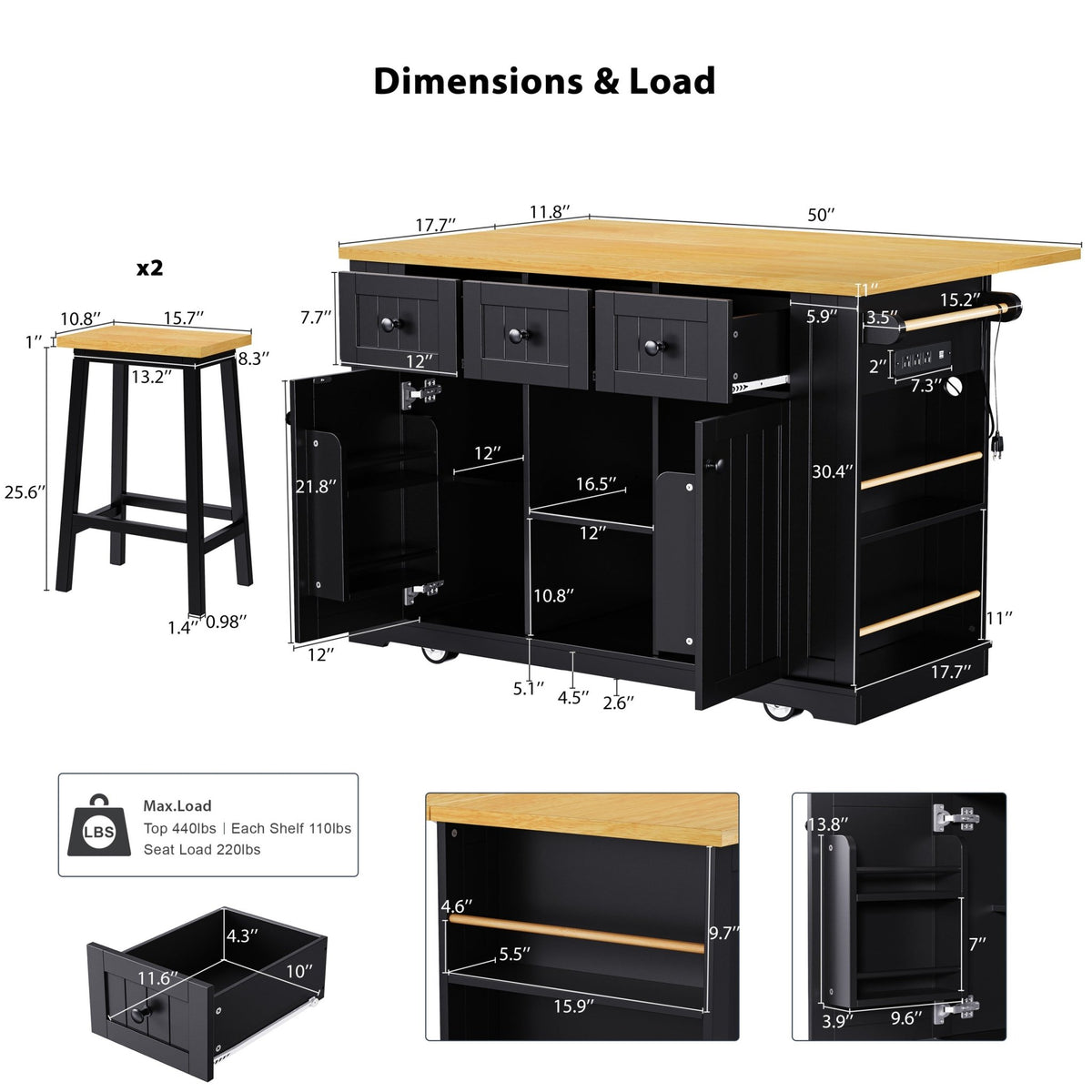 Matte black MDF kitchen island by Anthony & Home with power outlet and drop-leaf, 53-inch Studio Collection kitchen furniture.