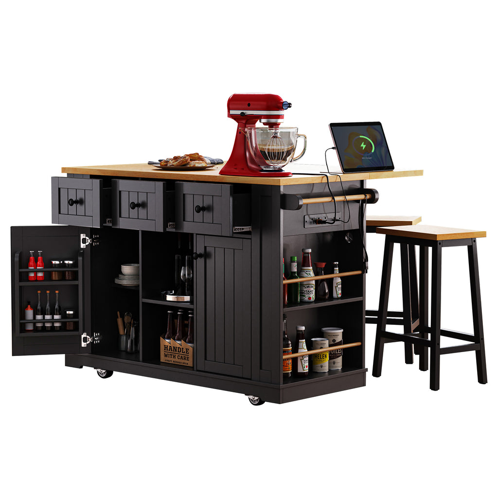 Matte black MDF kitchen island by Anthony & Home with 53-inch size, power outlet, and drop-leaf in Studio Collection.