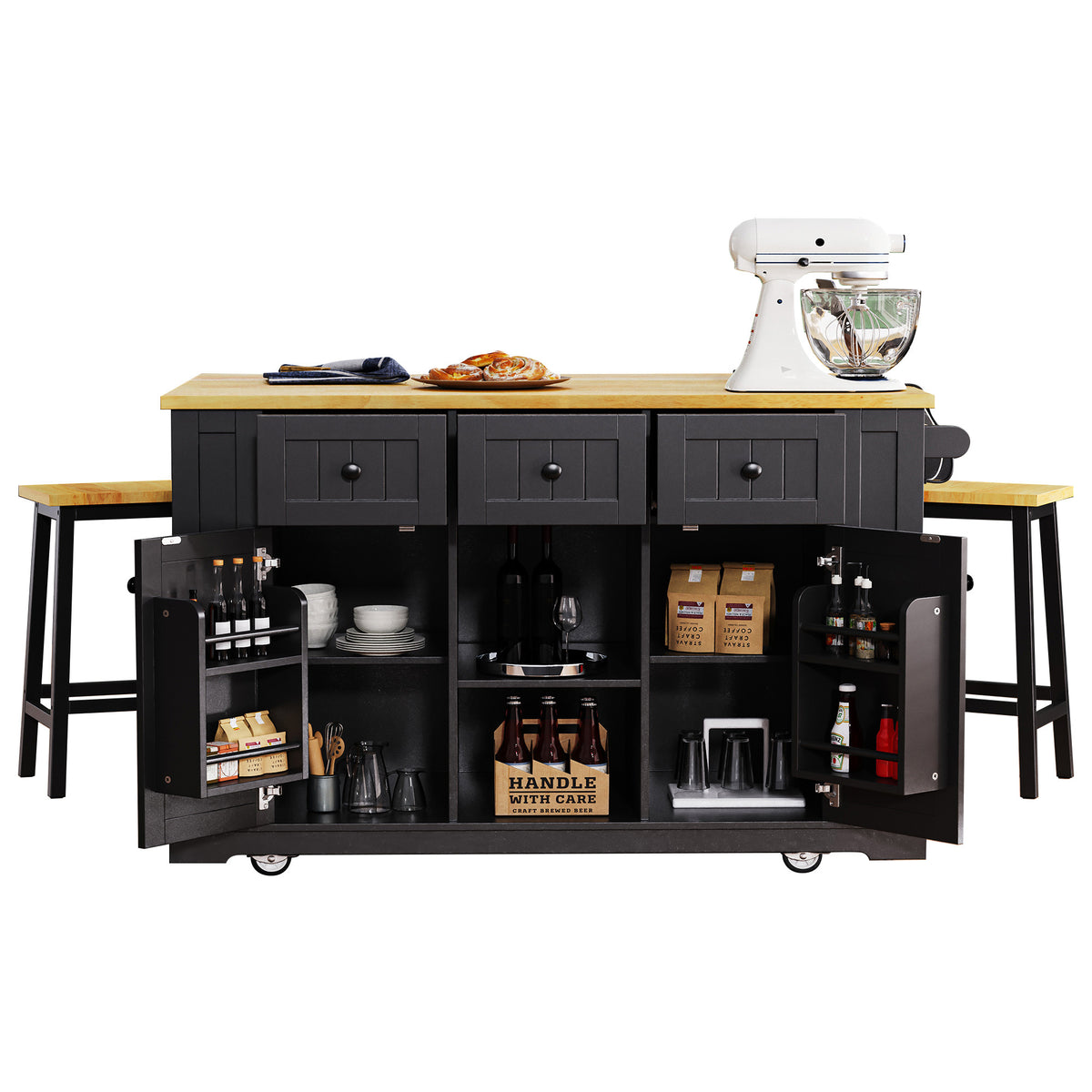 Matte black MDF kitchen island with power outlet and drop-leaf, 53-inch Studio Collection by Anthony & Home.