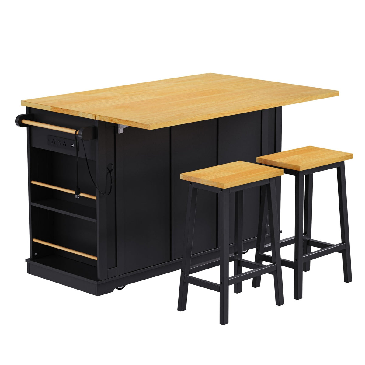 Matte black MDF kitchen island with power outlet, drop-leaf, 53-inch size from Anthony & Home Studio Collection.