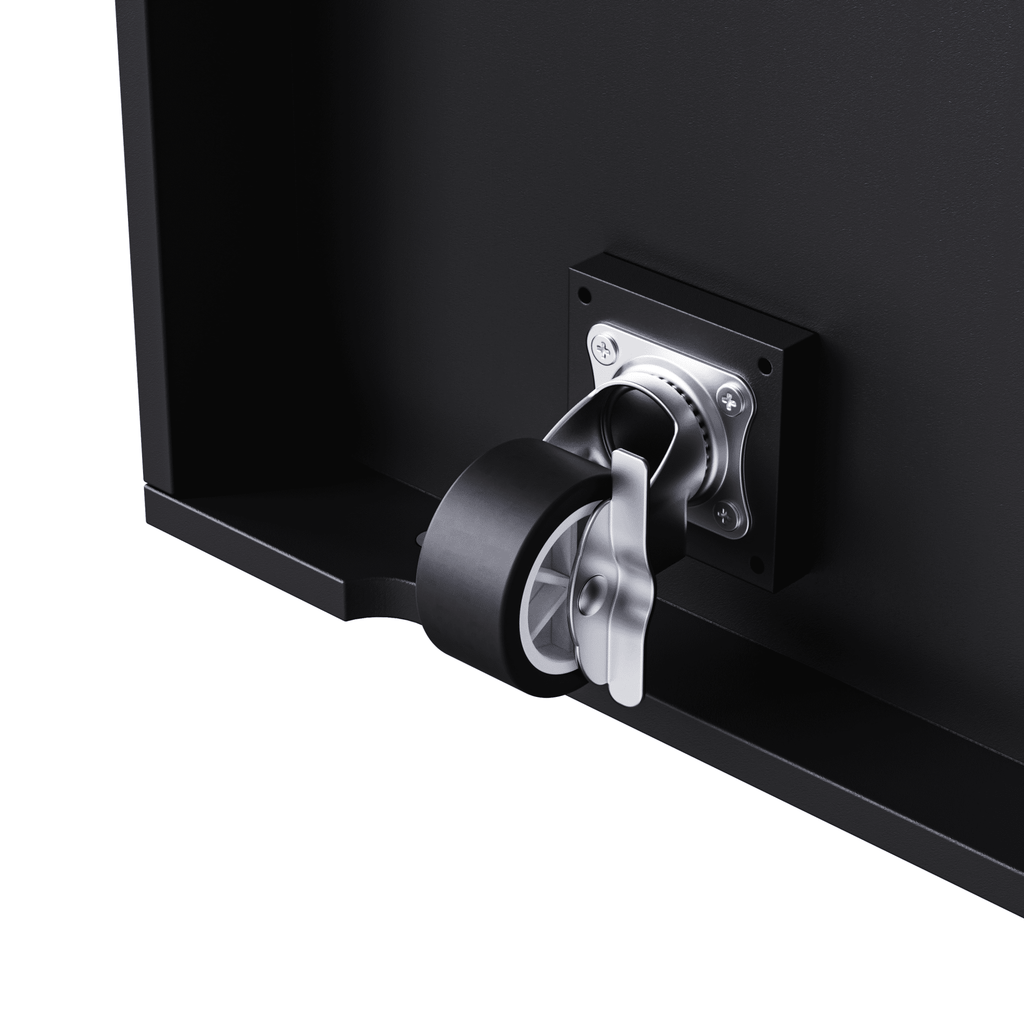 Matte black MDF kitchen island with 53-inch surface, power outlet, and drop-leaf from Anthony & Home Studio Collection