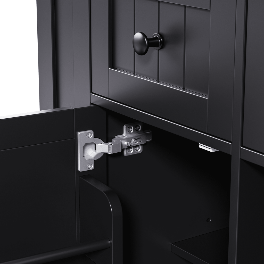 Matte black MDF kitchen island with drop-leaf, 53-inch size, built-in power outlet, from Anthony & Home Studio Collection.