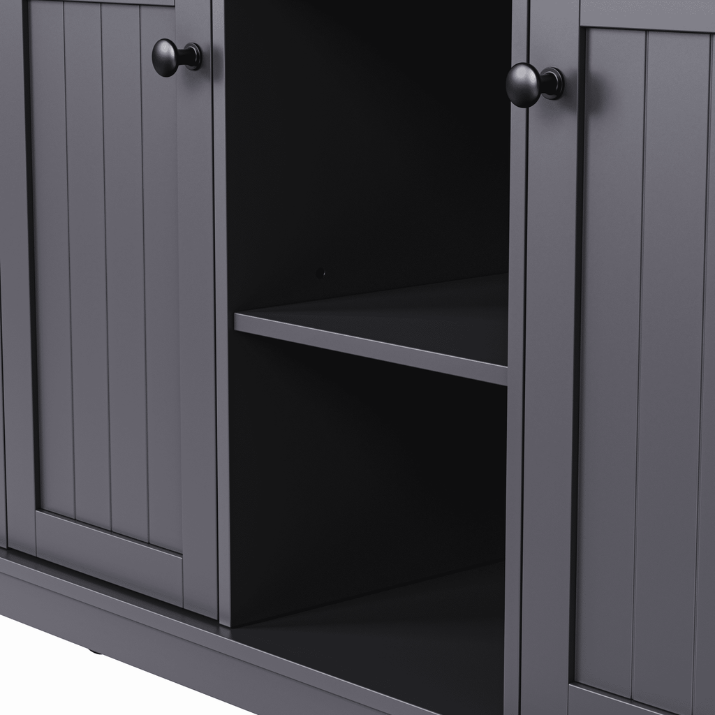 Matte black MDF kitchen island with power outlet and drop-leaf, 53-inch size, from Anthony & Home Studio Collection.