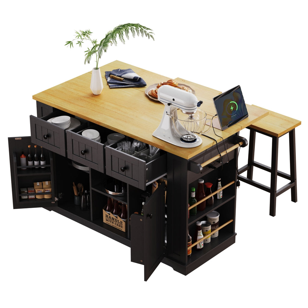 Matte black MDF kitchen island with power outlet and drop-leaf, 53-inch Studio Collection by Anthony & Home