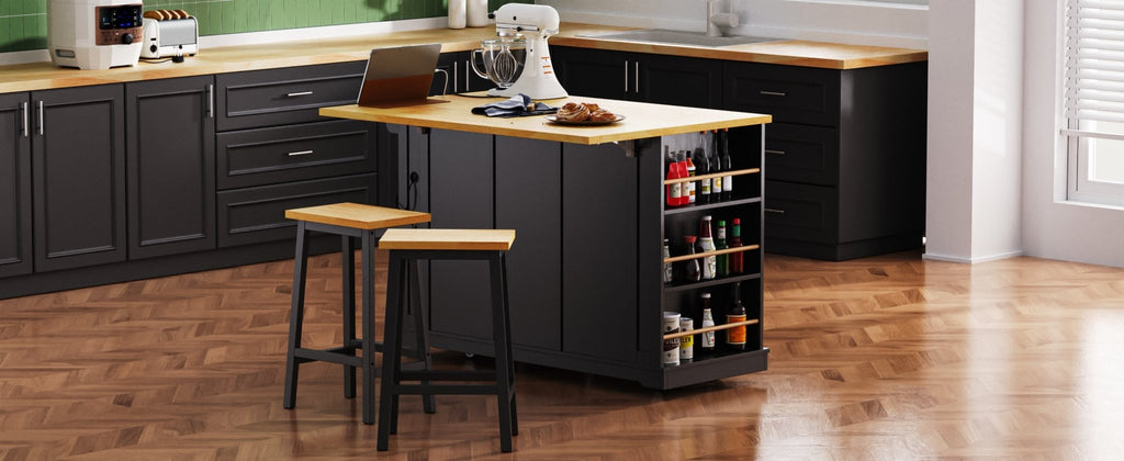Matte black MDF kitchen island with power outlet, drop-leaf, 53-inch size, part of Anthony & Home Studio Collection