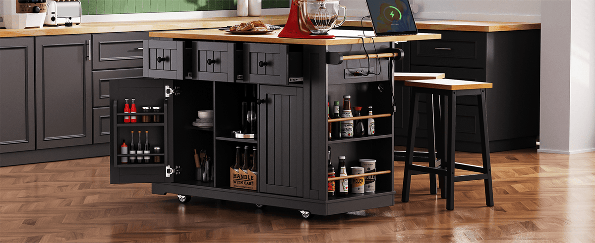 Matte black MDF kitchen island with power outlet and drop-leaf, 53-inch, part of Anthony & Home Studio Collection.