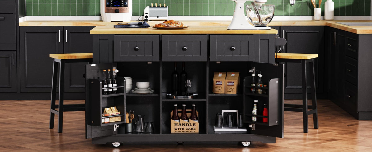 Matte black MDF kitchen island with power outlet, drop-leaf, 53-inch size, part of Anthony & Home Studio Collection.