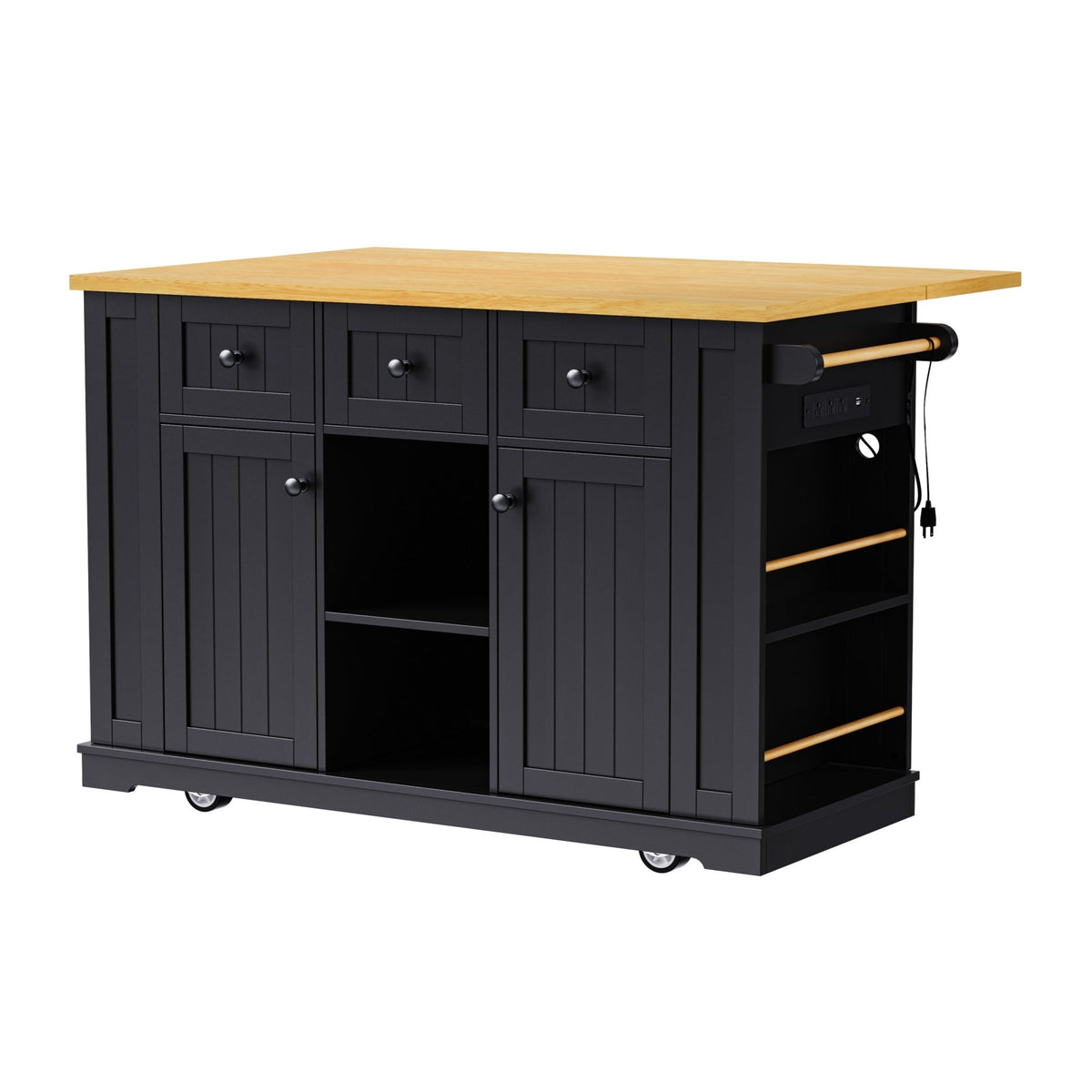 Matte black MDF kitchen island with power outlet and drop-leaf, 53-inch Studio Collection by Anthony & Home.