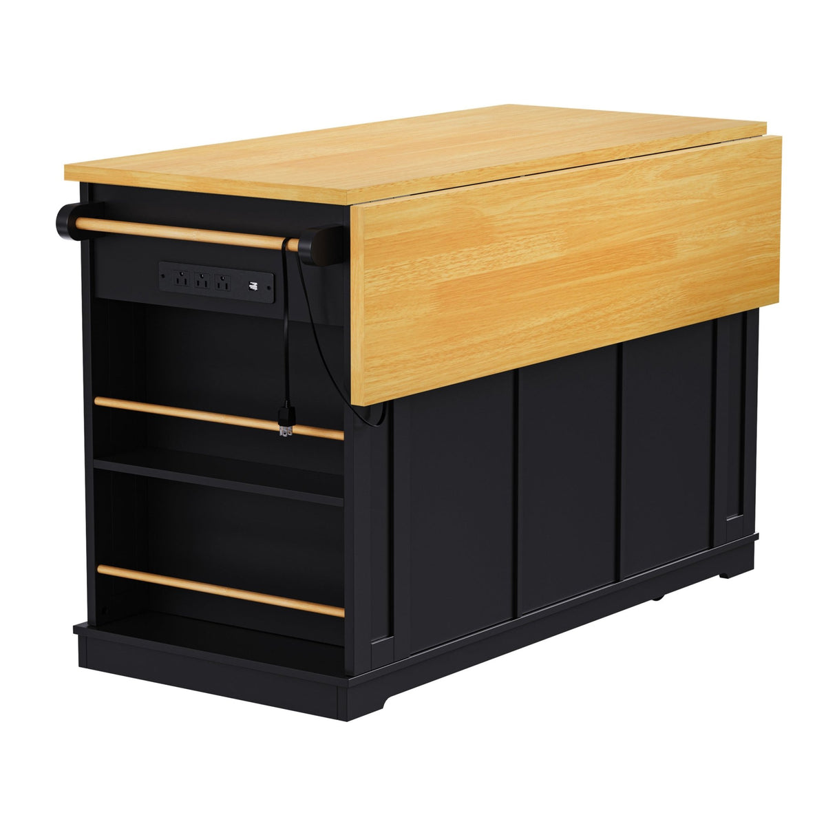 Matte black MDF kitchen island with power outlet, drop-leaf, 53-inch size, from Anthony & Home Studio Collection.