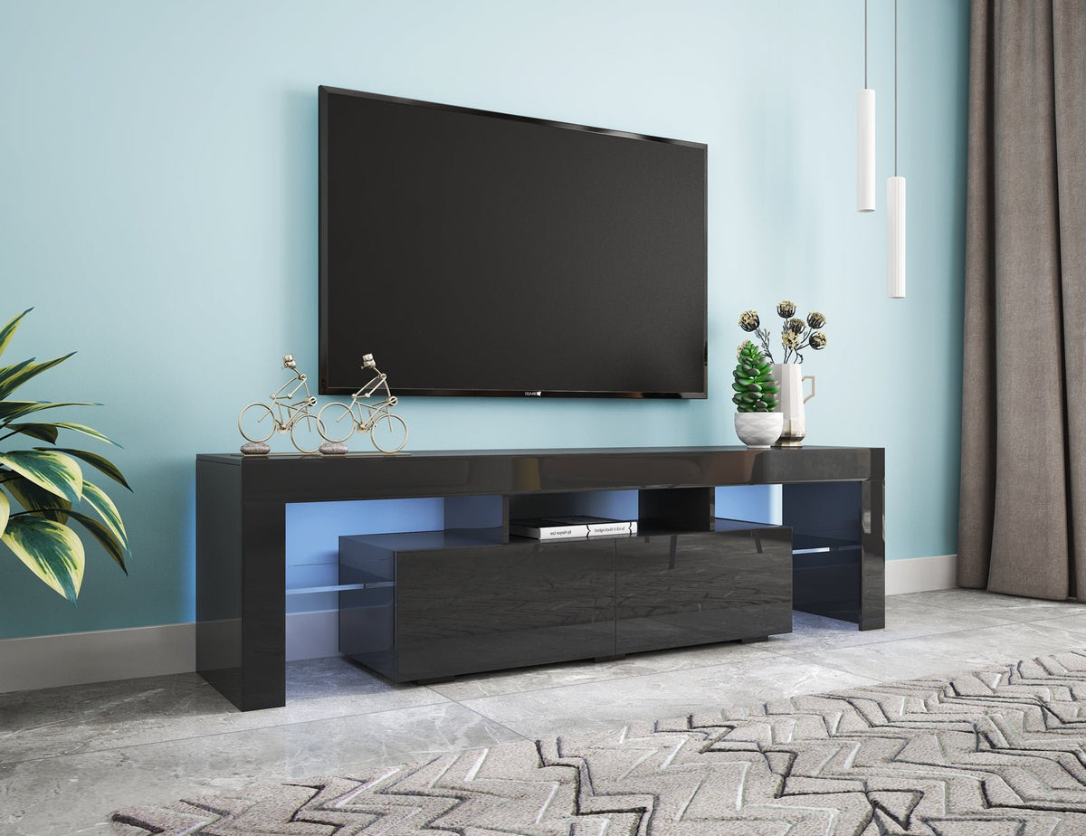 Matte black MDF TV console from Anthony & Home with sleek modern design and storage compartments.