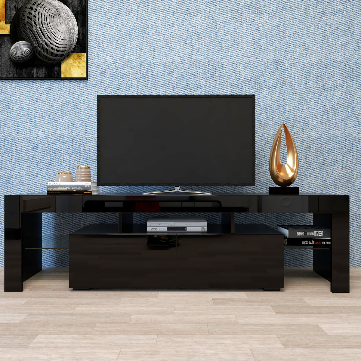 Matte black MDF TV console from Anthony & Home featuring sleek modern design and spacious storage compartments.