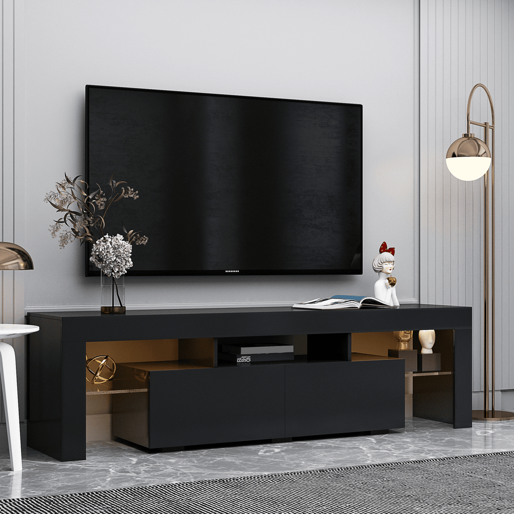 Matte black MDF TV console from Anthony & Home showcasing a modern, sleek design with clean lines and ample storage space.