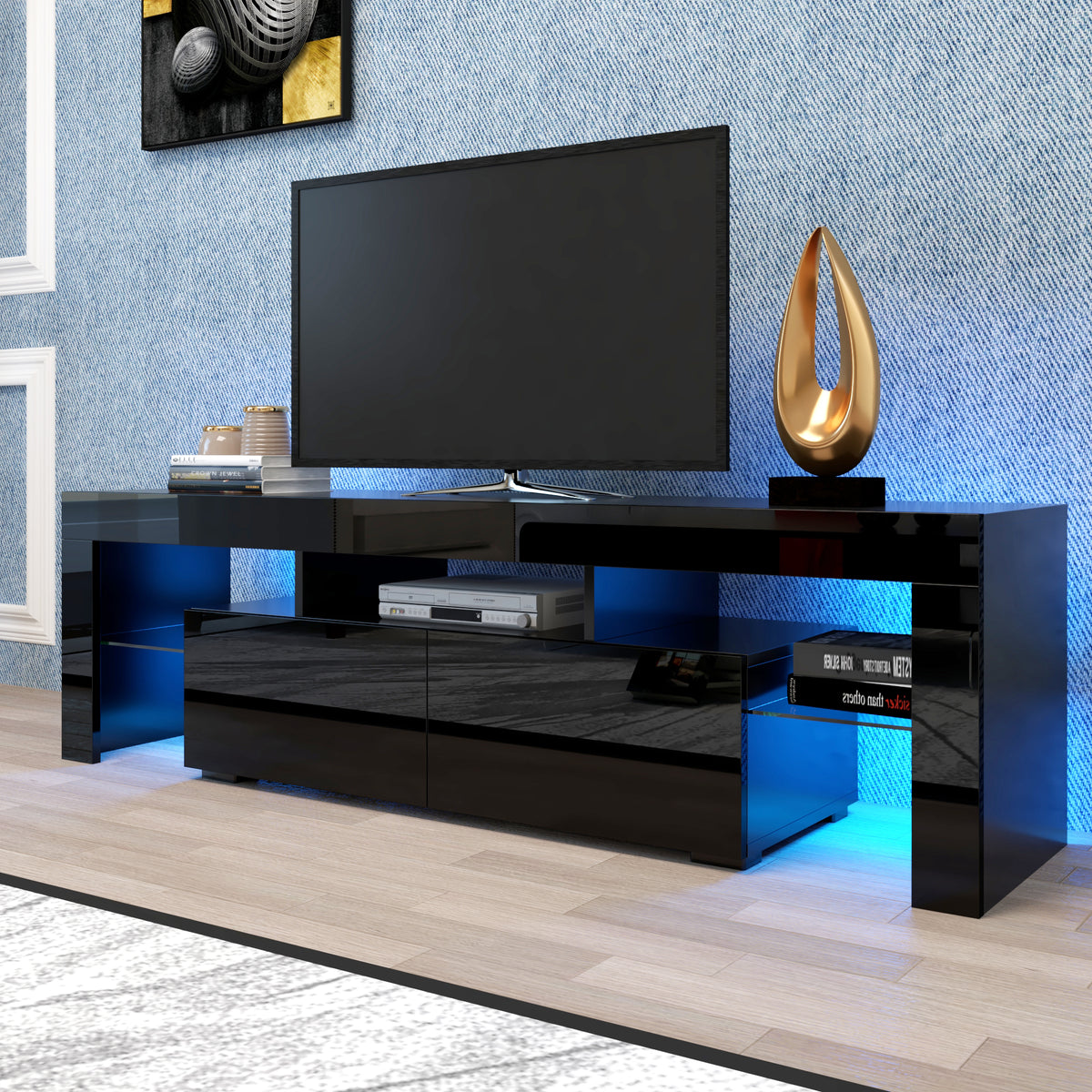 Matte black MDF TV console from Anthony & Home featuring a sleek modern design and spacious storage.