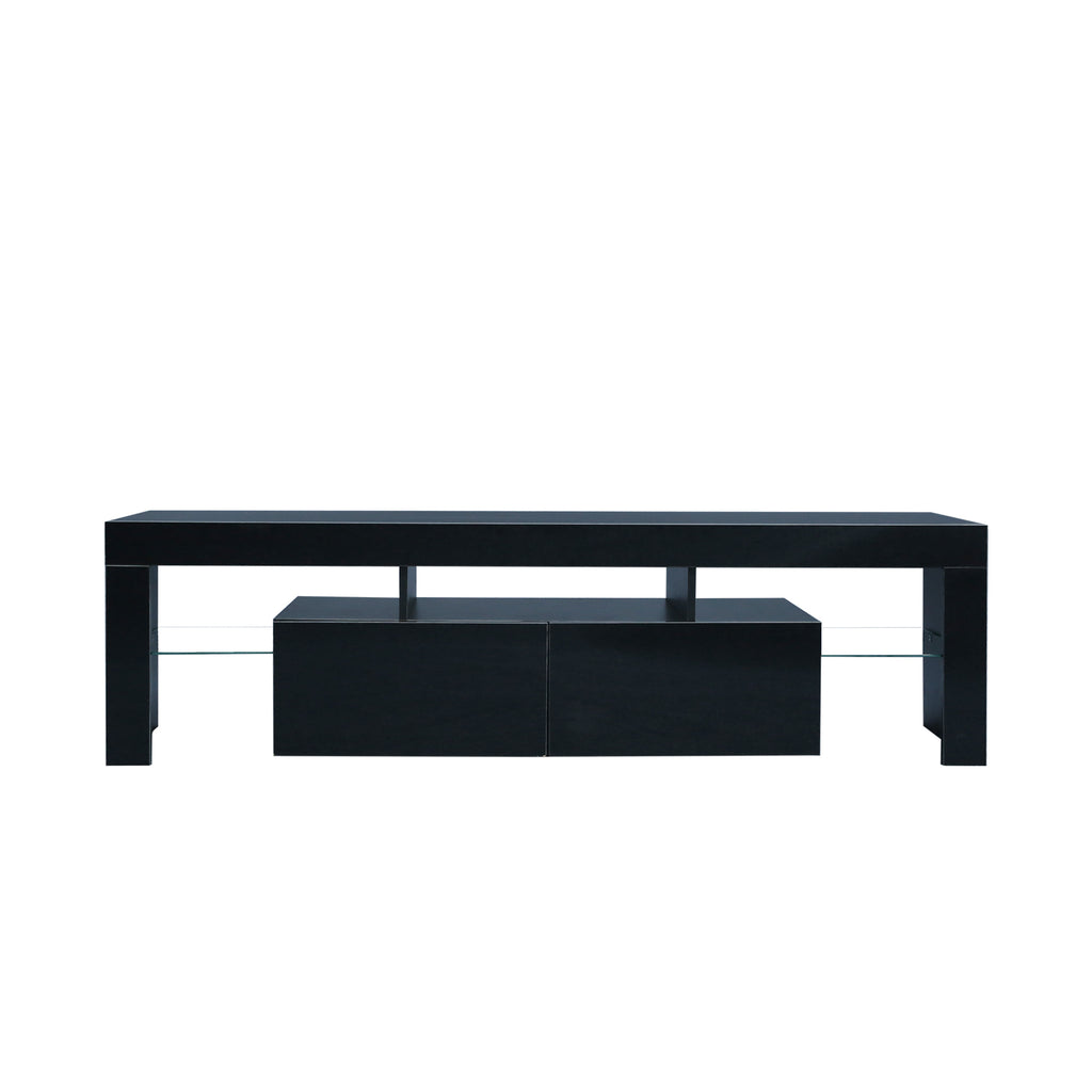 Matte black MDF TV console by Anthony & Home with sleek modern design, featuring open shelves and storage compartments.