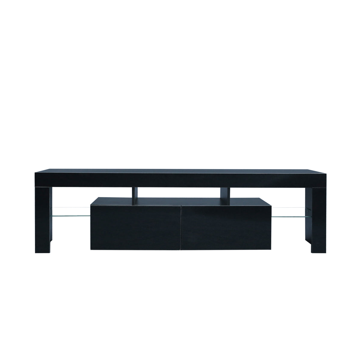 Matte black MDF TV console by Anthony & Home with sleek modern design, featuring open shelves and storage compartments.
