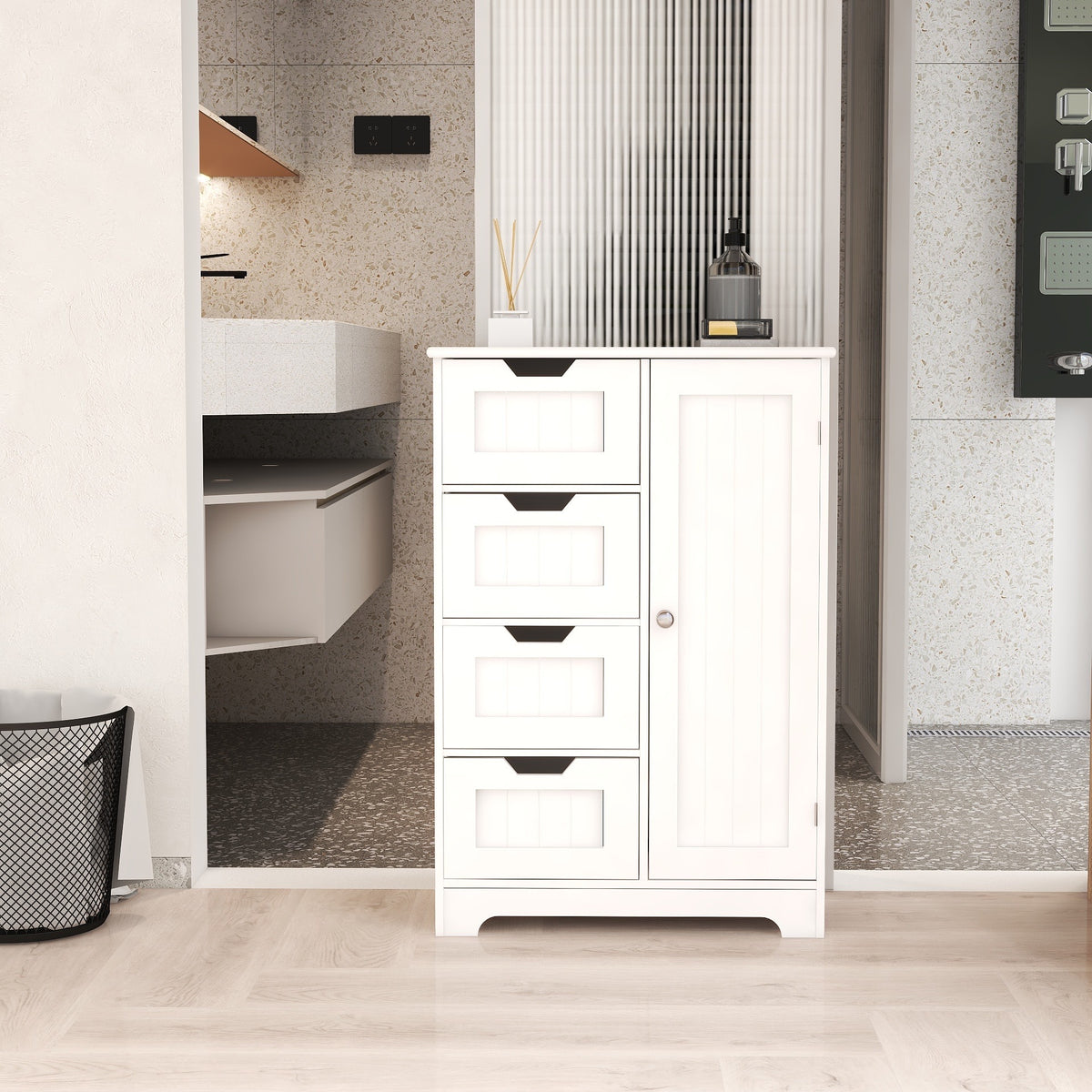 Matte white studio floor cabinet with drawers from Anthony & Home, featuring a sleek modern design with multiple storage drawers