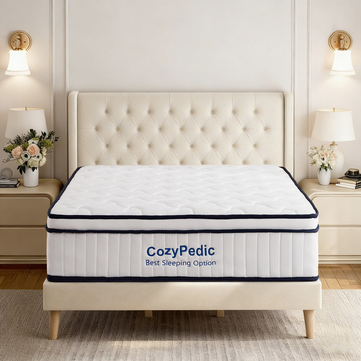 Memory foam queen mattress with pocket springs from Anthony & Home, showing plush surface and supportive construction.