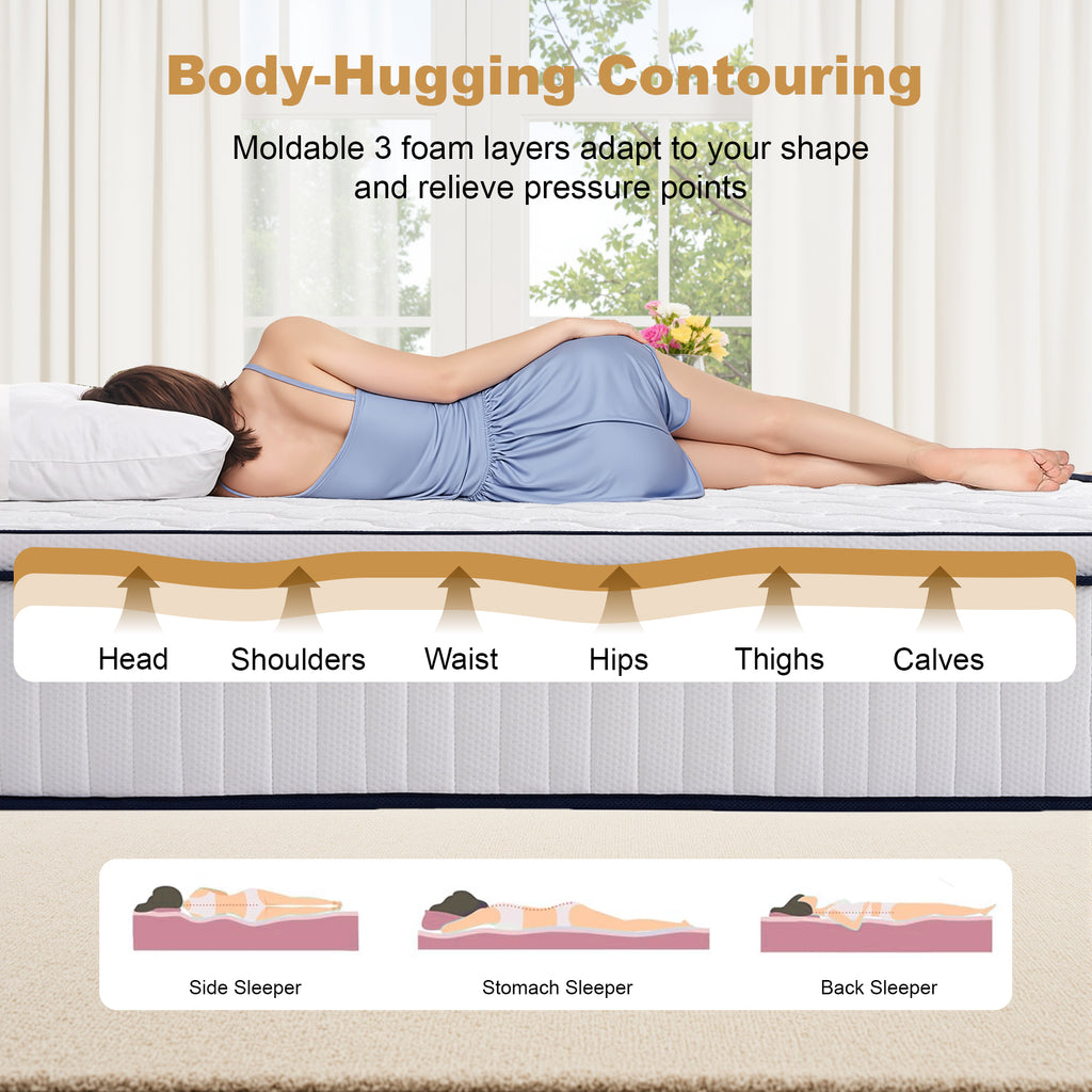 Anthony & Home memory foam queen mattress with pocket springs, showing a plush, comfortable surface with layered foam and pocket spring support.
