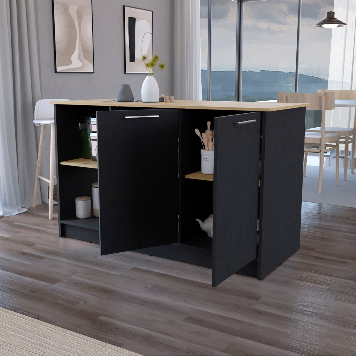 Anthony & Home Mercury Collection kitchen island with double door cabinets, featuring a stylish wood finish and spacious storage.
