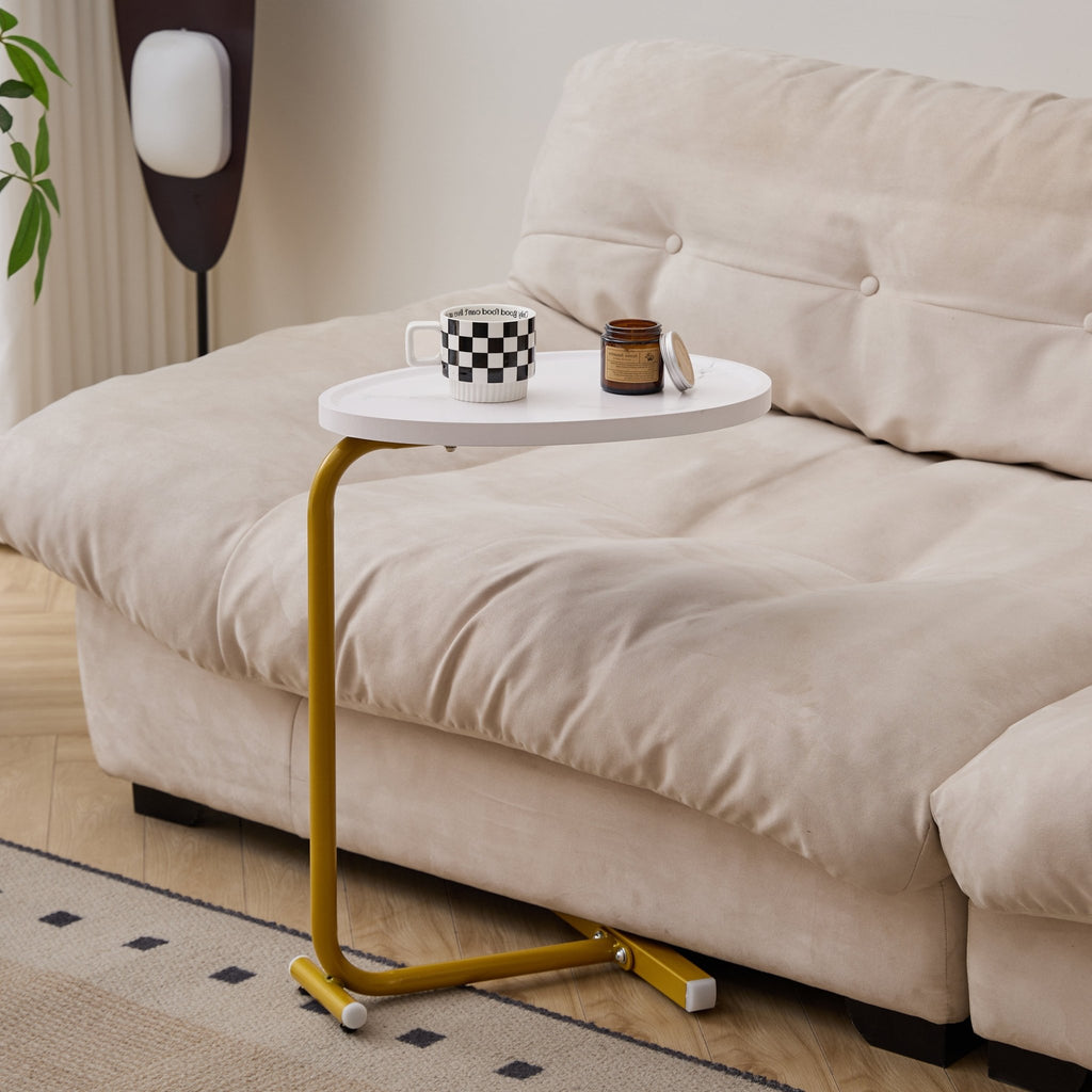 White Metal Luxe Collection C-shaped side table with premium MDF top by Anthony & Home, limited edition decor piece