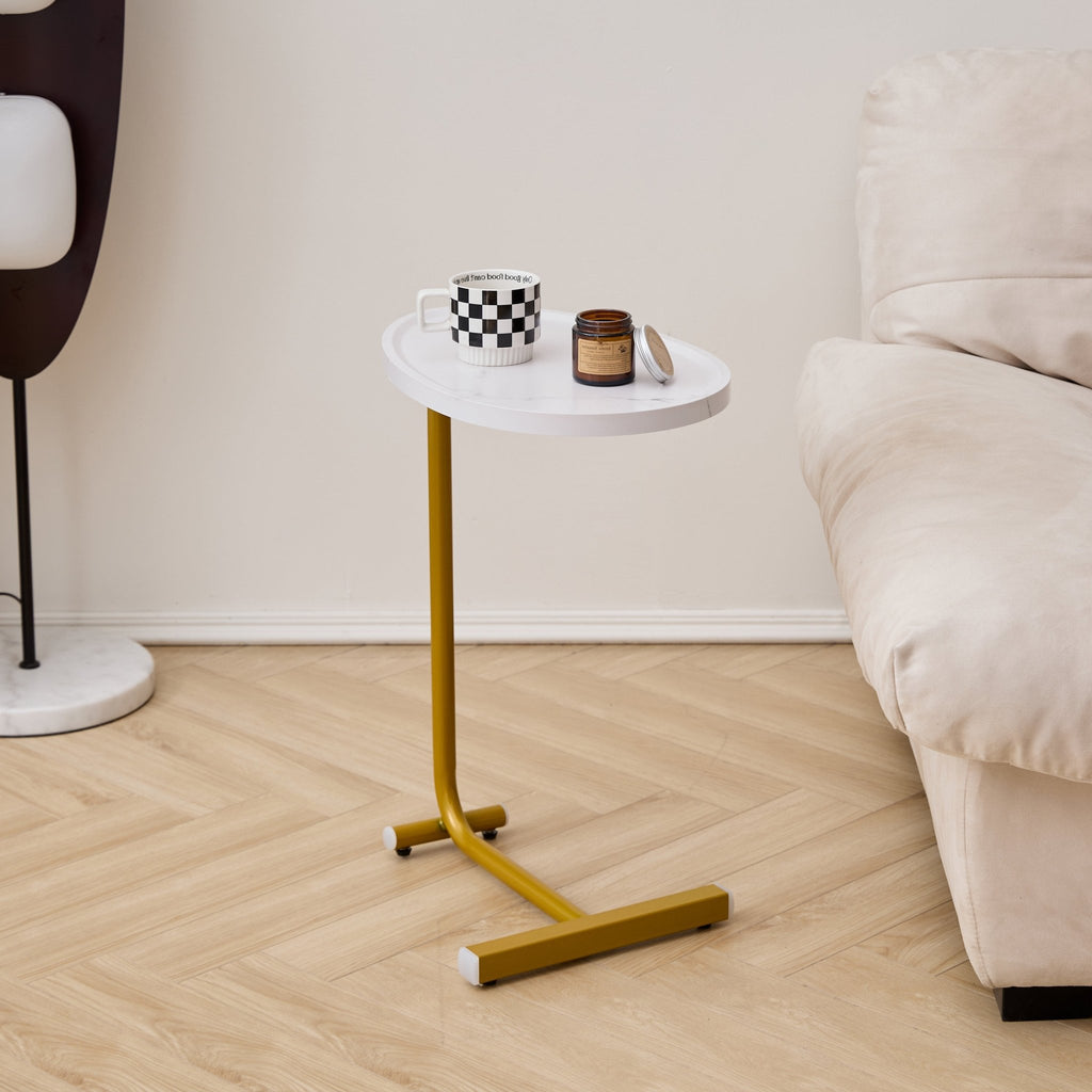 White C-shaped side table from Anthony & Home's Metal Luxe Collection with a premium MDF top, limited edition design.