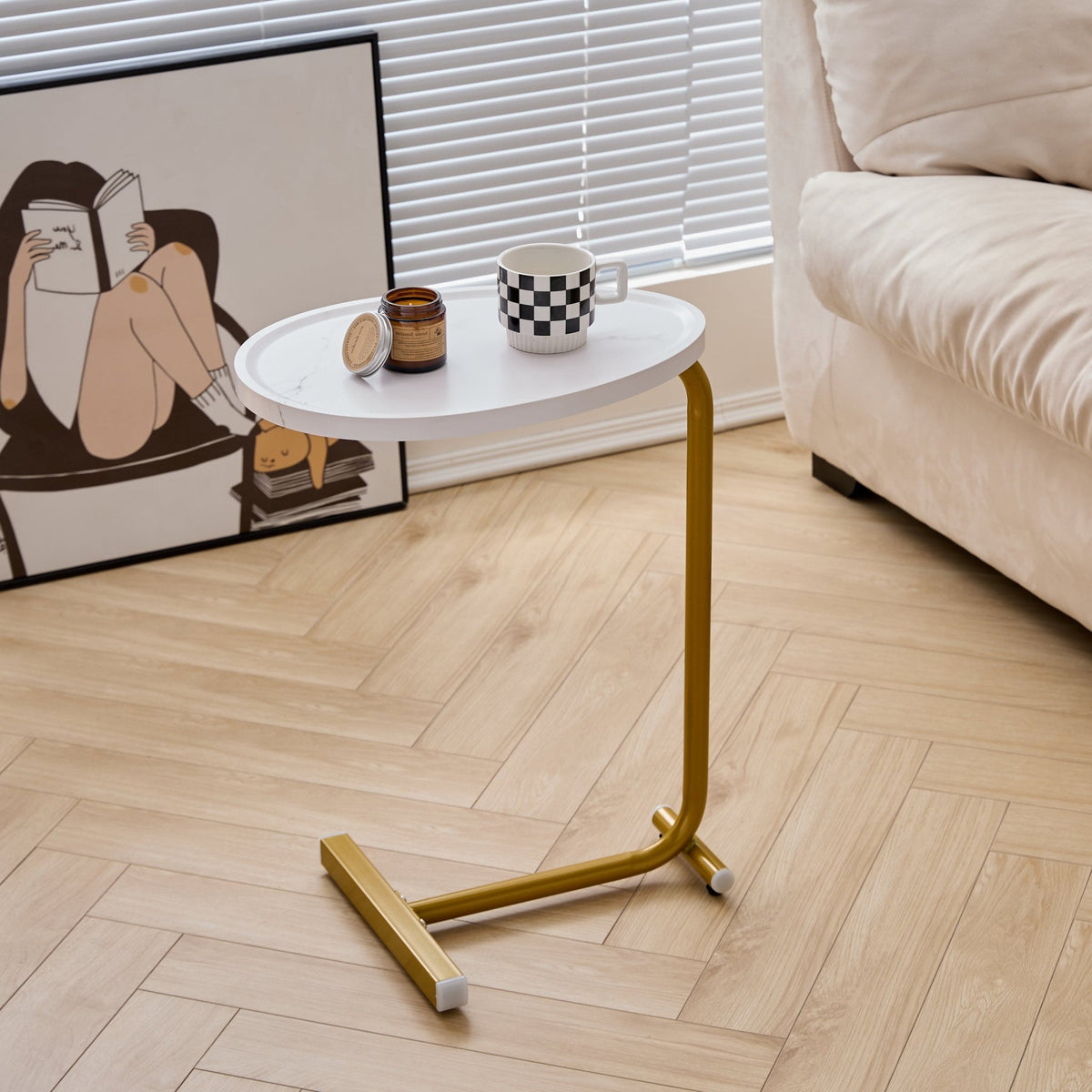 White metal C-shaped side table from Anthony & Home's Luxe Collection with a premium MDF top, limited edition design.