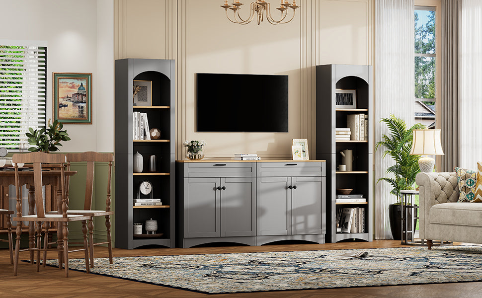 Anthony & Home Mid-Century Atelier TV console with integrated bookshelf, 70-inch wood media unit for living room organization