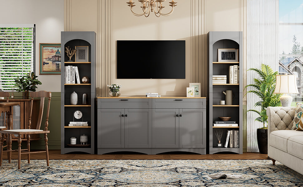 Anthony & Home Mid-Century Atelier TV console with built-in bookshelf, 70-inch wide, featuring wood finish and modern design.