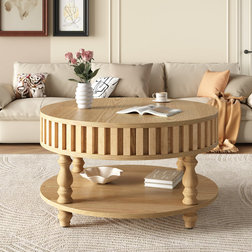 Mid-century fluted coffee table with storage in natural oak finish from Anthony & Home Atelier Collection, showcasing sleek design and wood grain.