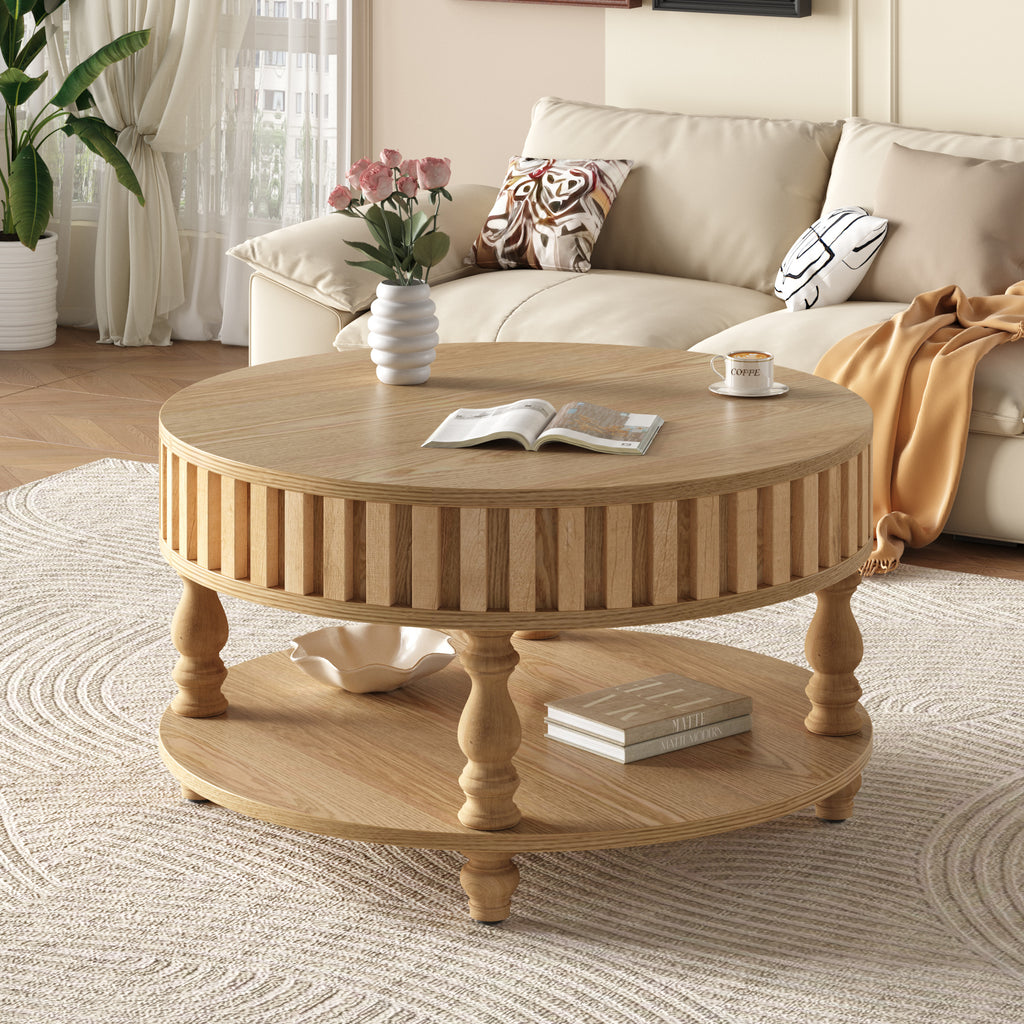 Mid-century fluted coffee table with storage in natural oak finish from Anthony & Home's Atelier Collection, showcasing its sleek design.