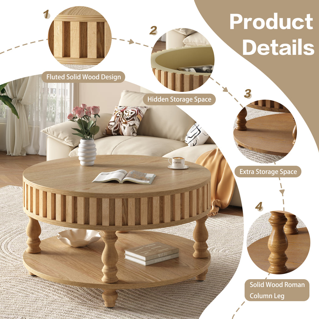 Mid-century fluted coffee table with storage in natural oak finish from Anthony & Home's Atelier Collection.