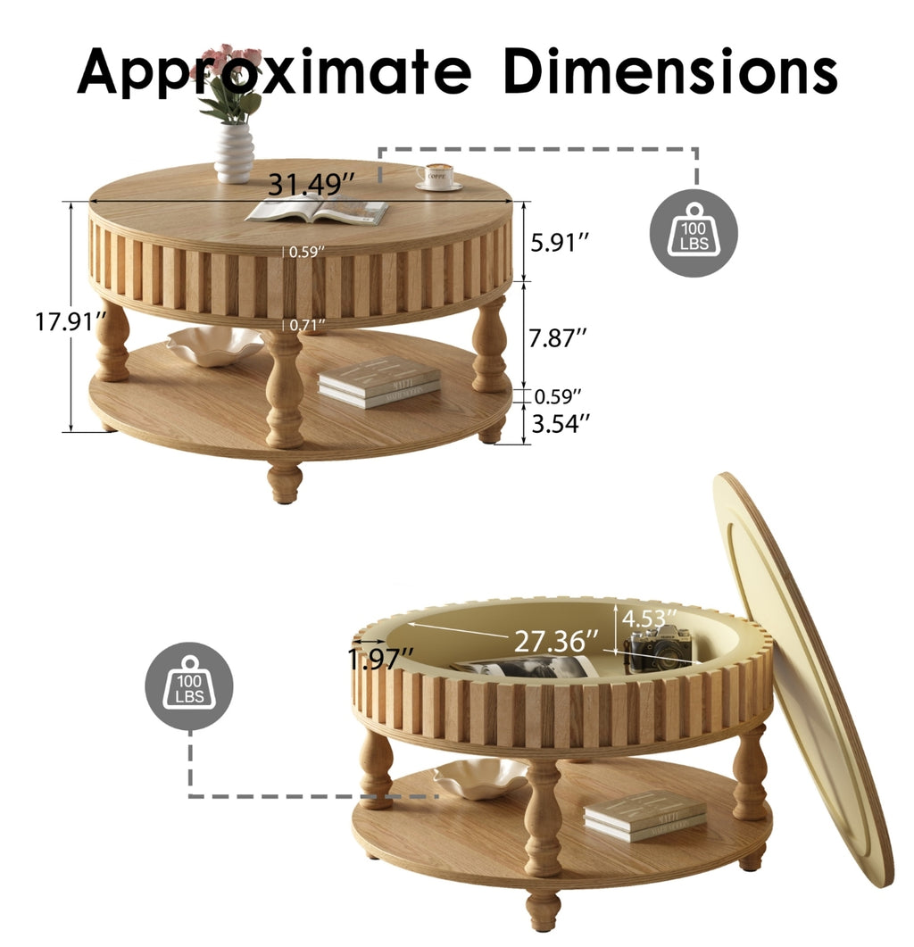 Mid century fluted coffee table with storage in natural oak finish, from Anthony & Home's Atelier Collection, showing smooth wooden surface.
