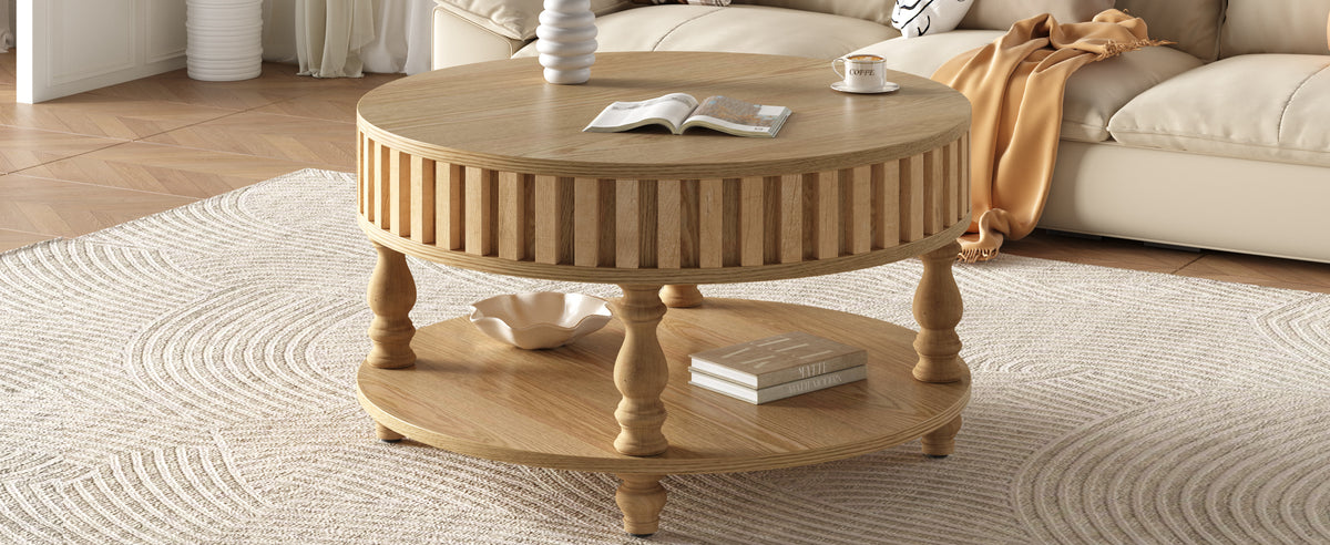 Mid-century fluted coffee table with storage in natural oak finish from Anthony & Home's Atelier Collection.