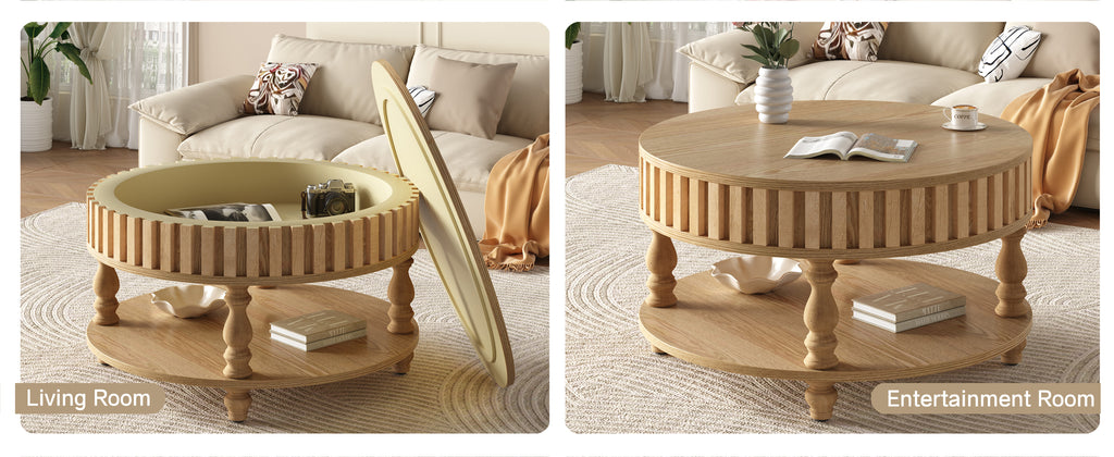 Mid-century fluted coffee table with storage in natural oak finish from Anthony & Home's Atelier Collection.