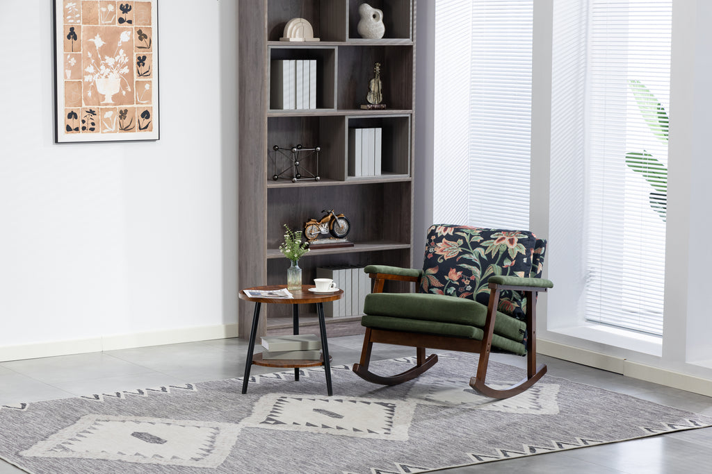 Mid Century Modern Walnut Frame Studio Rocking Chair by Anthony & Home, showcasing a sleek wooden design with curved armrests and plush cushioning.