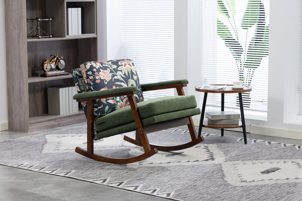 Mid Century Modern Walnut Frame Studio Rocking Chair by Anthony & Home with curved wooden arms and plush cushioned seat.