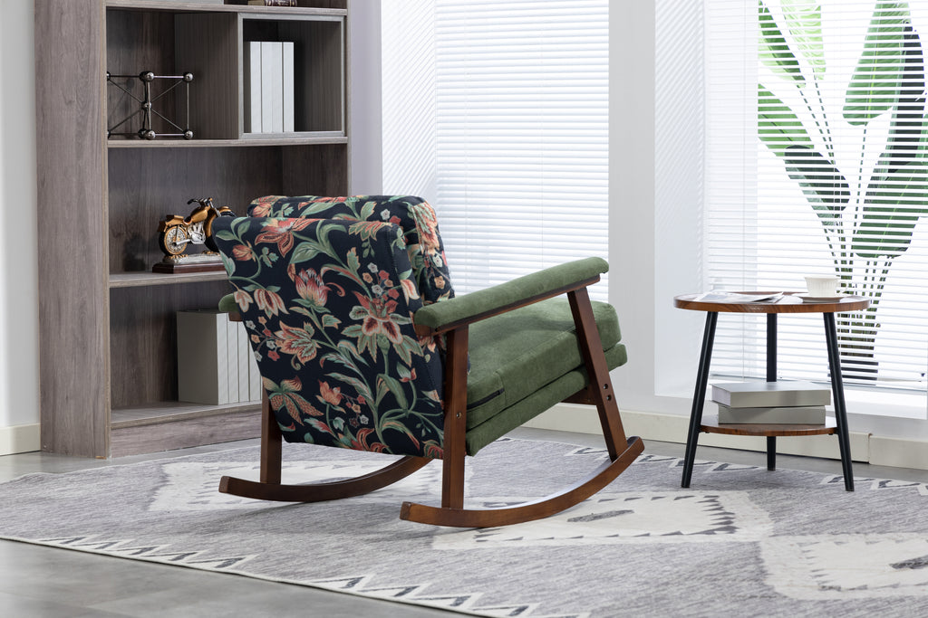 Mid-century modern walnut frame studio rocking chair by Anthony & Home, showcasing a sleek wooden design and comfortable curved seat