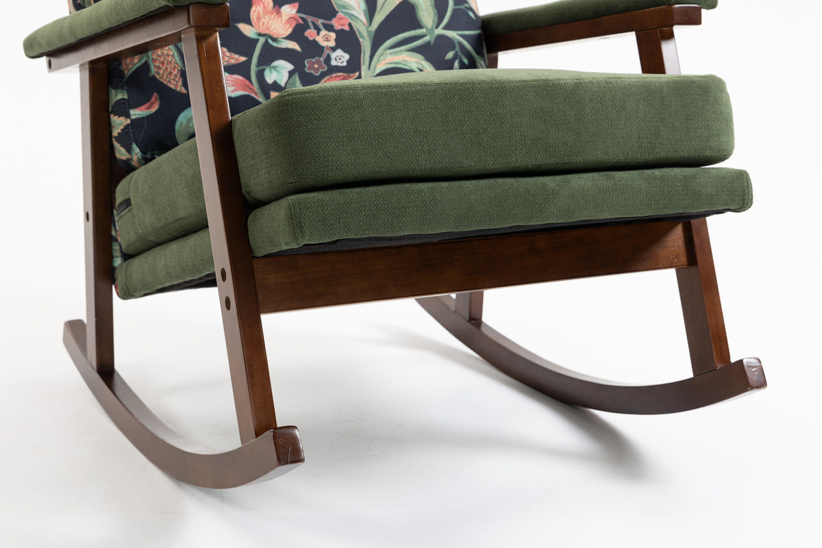 Mid-century modern walnut frame studio rocking chair by Anthony & Home, featuring a sleek wooden design and comfortable seating.