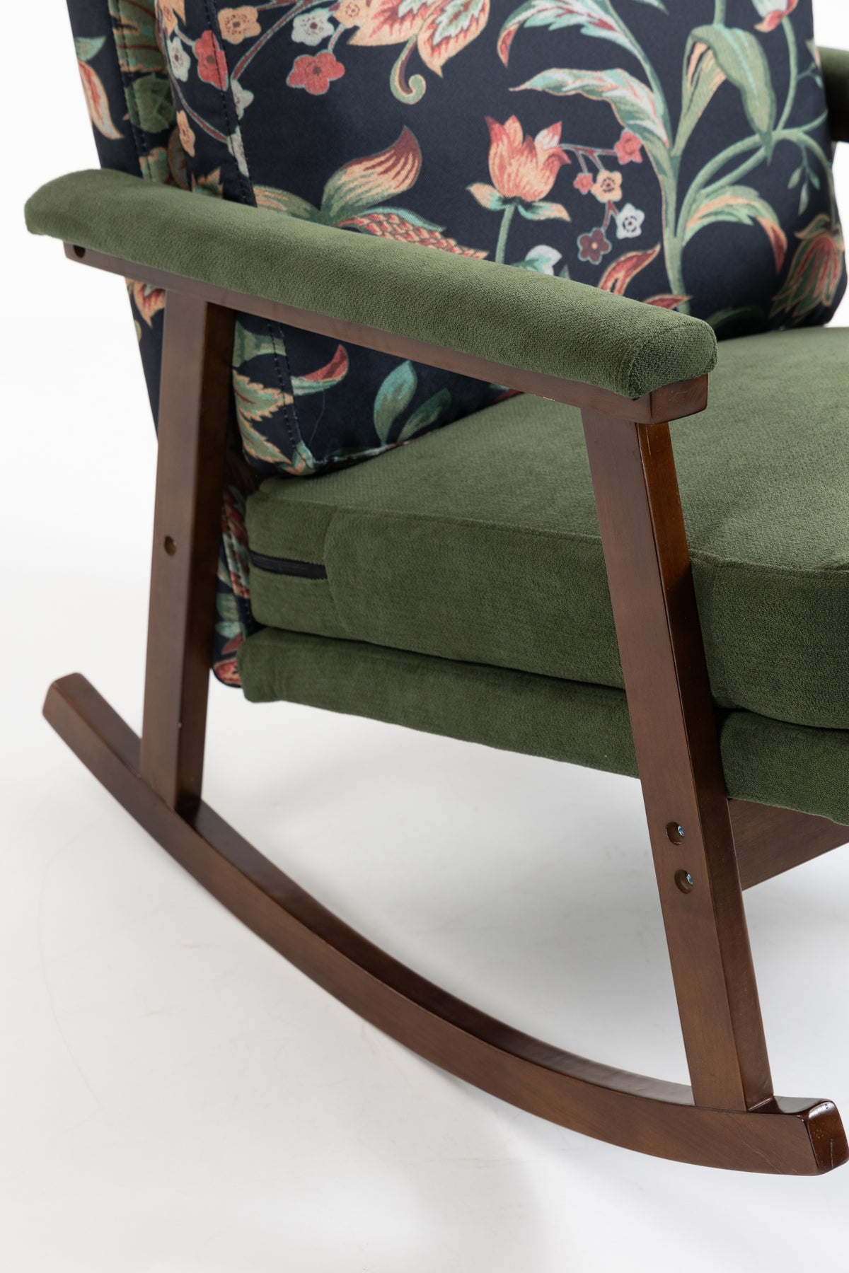 Mid-century modern walnut frame studio rocking chair by Anthony & Home, showcasing a sleek design with cushioned seat and curved rocking base.
