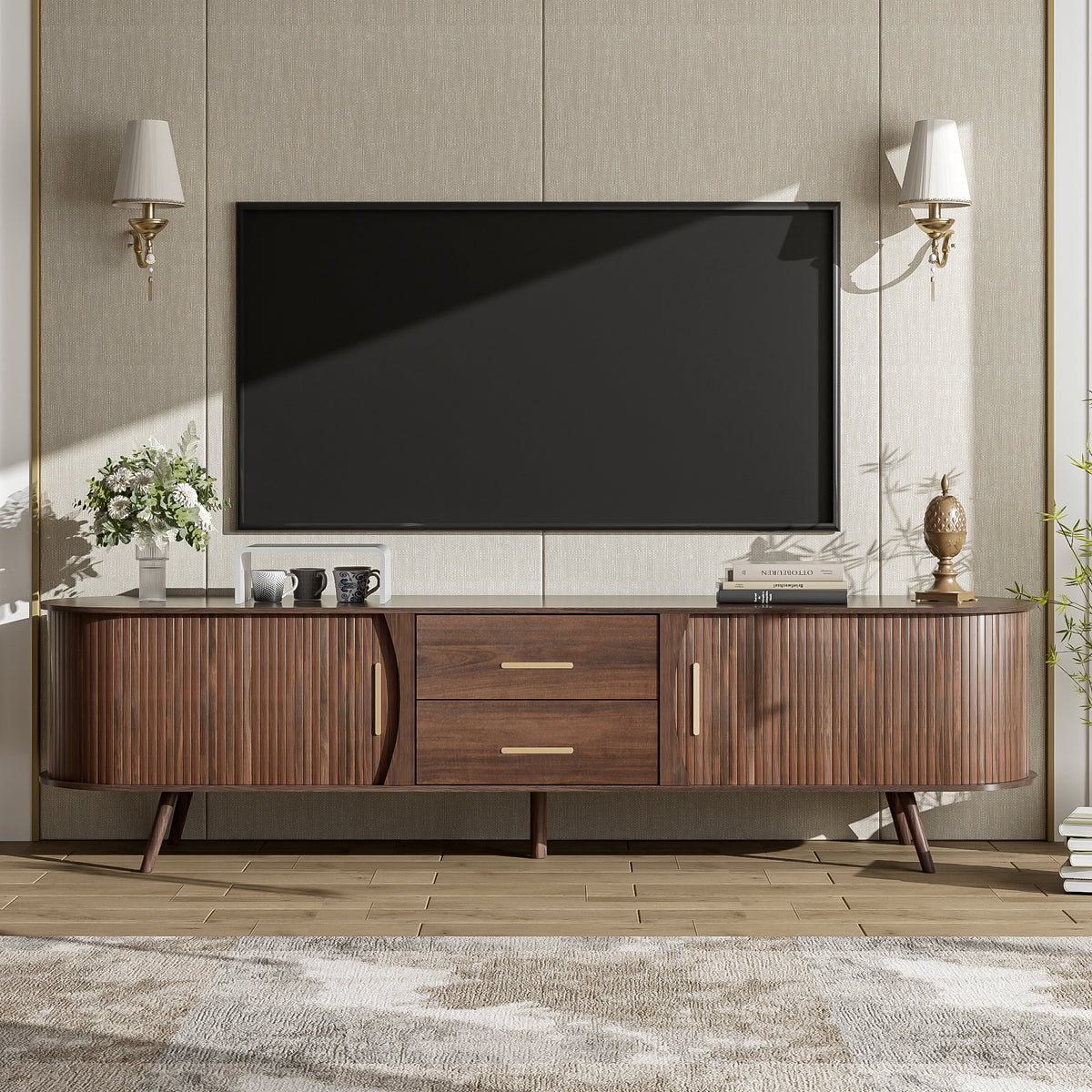 Mid-century style dark walnut television stand by Anthony & Home with sleek wood finish and modern design.