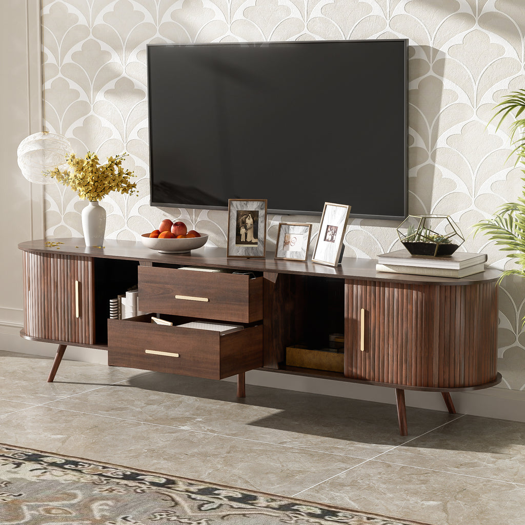 Dark walnut Mid-Century Studio Anthony & Home TV stand with sleek design and storage compartments, ideal for modern living rooms.