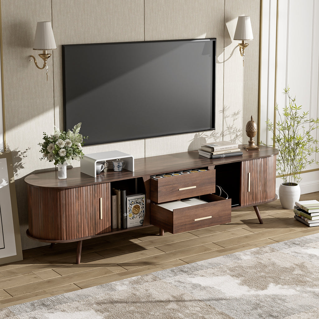 Dark walnut Mid-Century Studio Anthony & Home TV stand with sleek wood finish and modern design, shown from front view.