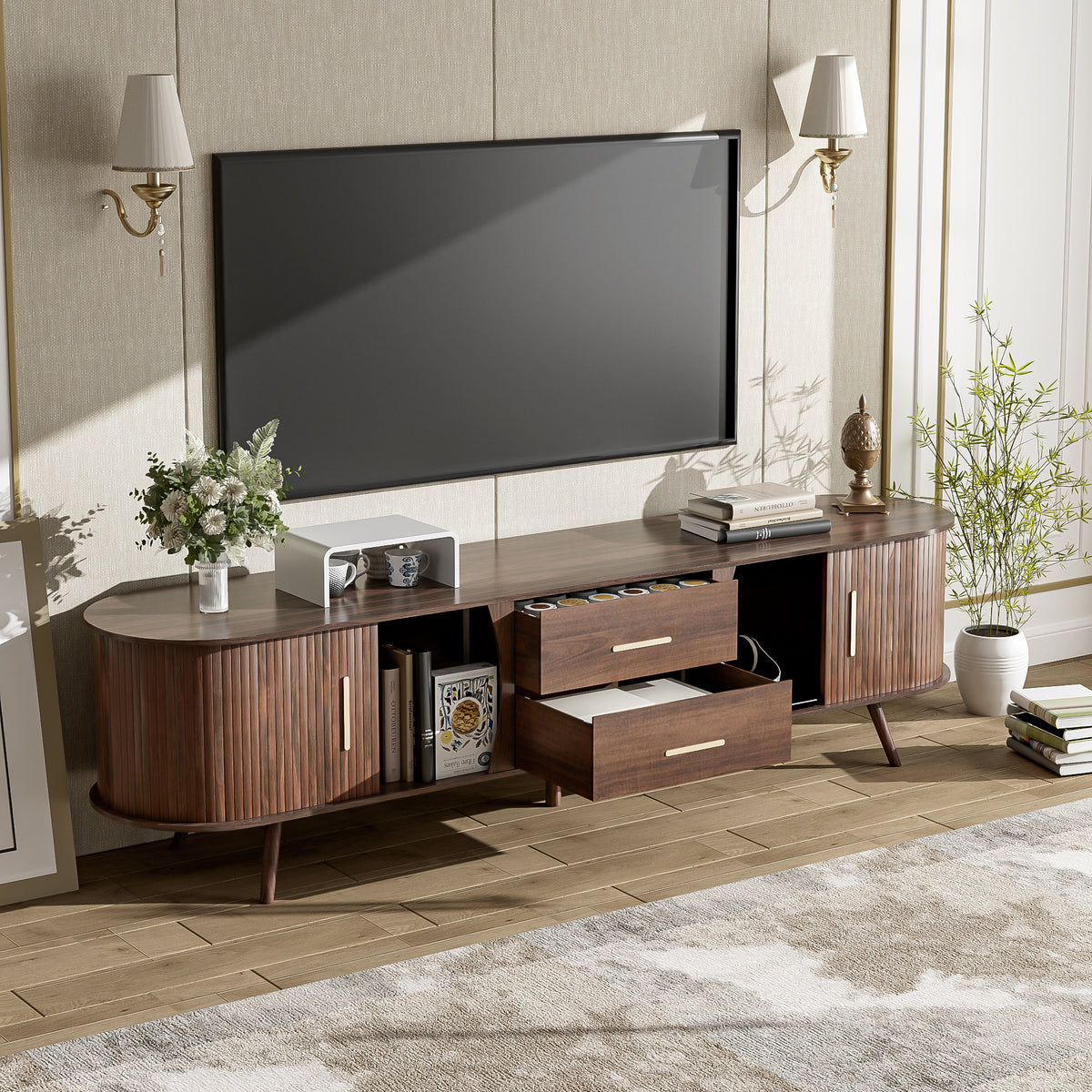 Dark walnut Mid-Century Studio Anthony & Home TV stand with sleek wood finish and modern design, shown from front view.