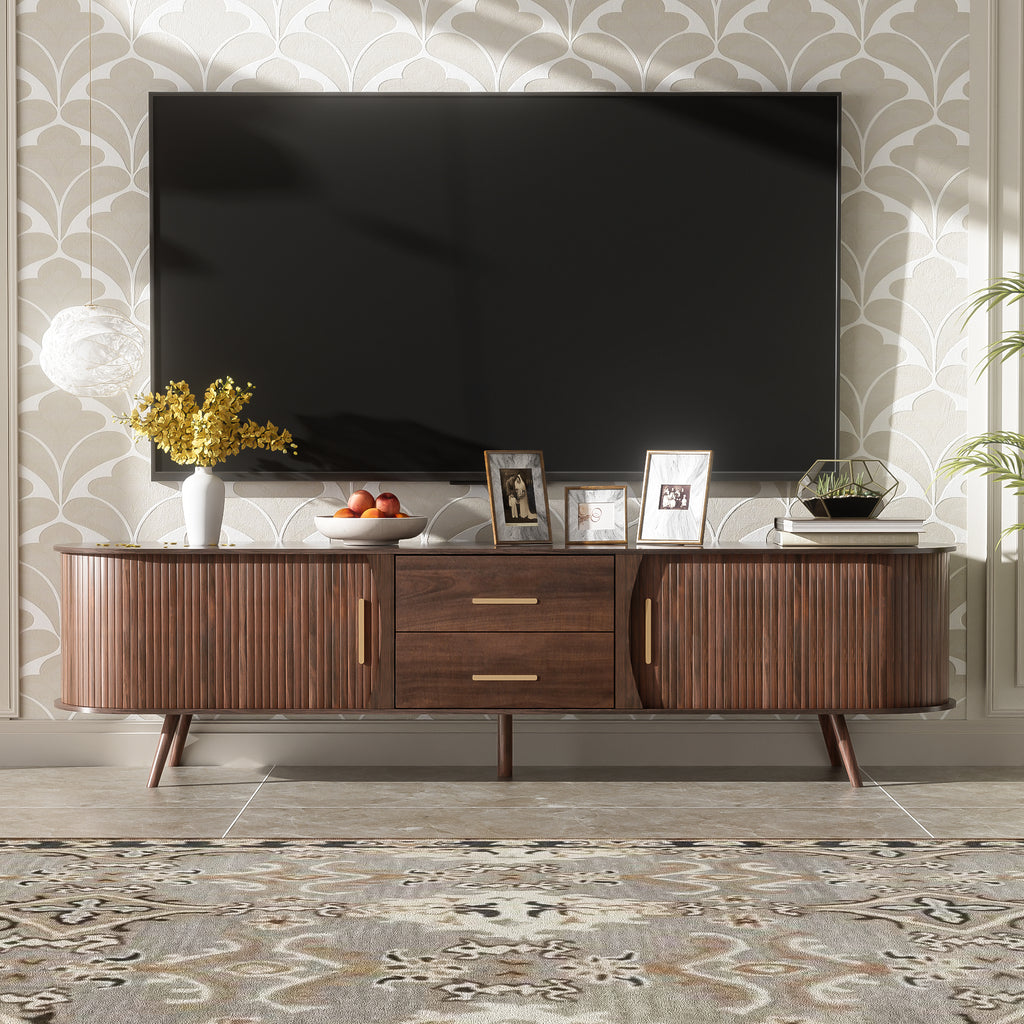 Dark walnut Mid-Century Studio TV stand by Anthony & Home featuring clean lines and wooden construction for a stylish living room display.